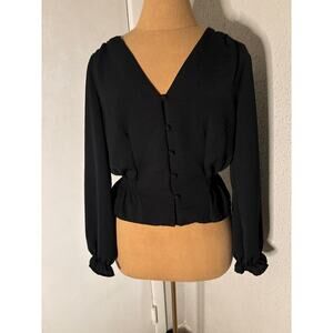 Topshop Black V-Neck Buttondown Smocked Peplum Top 2 Peasant Boho Classic Casual